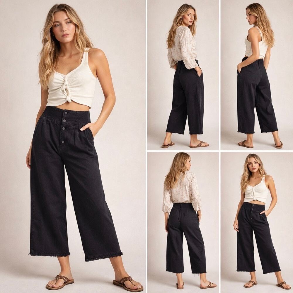 Free People High Rise Smocked Waist Button Fly Wide Leg Crop Pants Black Sz 27